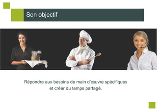 Son objectif




Répondre aux besoins de main d’œuvre spécifiques
           et créer du temps partagé.
 