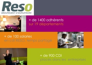 + de 1400 adhérents
sur 19 départements
+ de 100 salaries
en cdi RESO, temps partagé
+ de 900 CDI
placés dans les entreprises
 