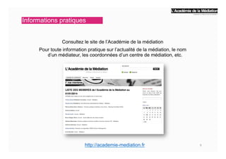  
Consultez le site de l’Académie de la médiation
Pour toute information pratique sur l’actualité de la médiation, le nom
d’un médiateur, les coordonnées d’un centre de médiation, etc.
	
  	
  	
  
	
  	
  	
  
9	
  
Informations pratiques
http://academie-mediation.fr
 