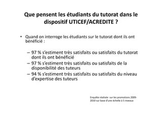 Que pensent les étudiants du tutorat dans le 
        dispositif UTICEF/ACREDITE ?

• Quand on interroge les étudiants sur le tutorat dont ils ont 
  bénéficié :

   – 97 % s’estiment très satisfaits ou satisfaits du tutorat 
     dont ils ont bénéficié
   – 97 % s’estiment très satisfaits ou satisfaits de la 
     disponibilité des tuteurs
   – 94 % s’estiment très satisfaits ou satisfaits du niveau 
     d’expertise des tuteurs


                                      Enquête réalisée  sur les promotions 2009‐
                                      2010 sur base d’une échelle à 5 niveaux
 