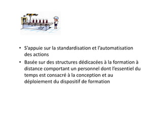 • S’appuie sur la standardisation et l’automatisation 
  des actions 
• Basée sur des structures dédicacées à la formation à 
  distance comportant un personnel dont l’essentiel du 
  temps est consacré à la conception et au 
  déploiement du dispositif de formation
 