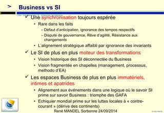 • Alignement aux événements dans une logique où le savoir SI 
prime sur savoir Business : triomphe des GAFA 
• Echiquier mondial prime sur les luttes locales à « contre-courant 
© Club Urba-EA 
20 
Business vs SI 
 Une synchronisation toujours espérée 
Club Urbanisme des SI - Enterprise Architecture 
• Rare dans les faits 
– Défaut d’anticipation, ignorance des tempos respectifs 
– Dispute de gouvernance, Rêve d’agilité, Résistance aux 
changements 
• L’alignement stratégique affaibli par ignorance des invariants 
 Le SI de plus en plus moteur des transformations 
• Vision historique des SI déconnectée du Business 
• Vision fragmentée en chapelles (management, processus, 
methodo d’EA) 
 Les espaces Business de plus en plus immatériels, 
intimes et apatrides 
» (dérive des continents) 
René MANDEL Sorbonne 24/09/2014 

