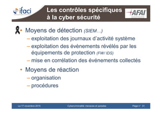 Cybercriminalité: menaces et paradesLe 17 novembre 2015 Page n°31
Les contrôles spécifiques
à la cyber sécurité
• Moyens de détection (SIEM…)
– exploitation des journaux d’activité système
– exploitation des évènements révélés par les
équipements de protection (FW/ IDS)
– mise en corrélation des événements collectés
• Moyens de réaction
– organisation
– procédures
 