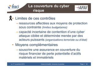 Cybercriminalité: menaces et paradesLe 17 novembre 2015 Page n°32
La couverture du cyber
risque
• Limites de ces contrôles
– ressources affectées aux moyens de protection
sous contrainte (limites budgetaires)
– capacité incertaine de contention d’une cyber
attaque ciblée et déterminée menée par des
acteurs puissants (organisations terroriste ou d’état)
• Moyens complémentaires
– souscrire une assurance en couverture du
risque financier de perte potentielle d’actifs
matériels et immatériels
 
