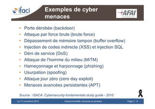 Cybercriminalité: menaces et paradesLe 17 novembre 2015 Page n°6
Exemples de cyber
menaces
• Porte dérobée (backdoor)
• Attaque par force brute (brute force)
• Dépassement de mémoire tampon (buffer overflow)
• Injection de codes indirecte (XSS) et injection SQL
• Déni de service (DoS)
• Attaque de l’homme du milieu (MiTM)
• Hameçonnage et harponnage (phishing)
• Usurpation (spoofing)
• Attaque jour zéro (zero day exploit)
• Menaces avancées persistantes (APT)
Source : ISACA, Cybersecurity fundamentals study guide - 2015
 
