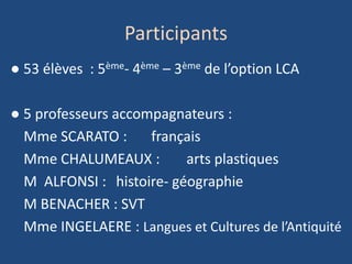 Participants
● 53 élèves : 5ème- 4ème – 3ème de l’option LCA
● 5 professeurs accompagnateurs :
Mme SCARATO : français
Mme CHALUMEAUX : arts plastiques
M ALFONSI : histoire- géographie
M BENACHER : SVT
Mme INGELAERE : Langues et Cultures de l’Antiquité
 
