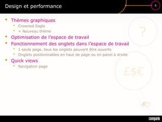 £$€
?
6
Design et performance
• Thèmes graphiques
• Crowned Eagle
• + Nouveau thème
• Optimisation de l’espace de travail
• Fonctionnement des onglets dans l’espace de travail
• 1 seule page, tous les onglets peuvent être ouverts
• Onglets positionnables en haut de page ou en panel à droite
• Quick views
• Navigation page
 