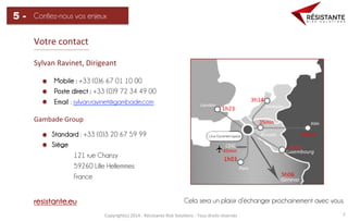 Copyright(c)	
  2014	
  -­‐	
  Résistante	
  Risk	
  Solu=ons	
  -­‐	
  Tous	
  droits	
  réservés	
   7	
  
Confiez-nous vos enjeux5 -
Cela sera un plaisir d’échanger prochainement avec vous.
Votre	
  contact	
  
Sylvan	
  Ravinet,	
  Dirigeant	
  –	
  Gérant	
  et	
  
fondateur	
  
Mobile : +33 (0)6 67 01 10 00
Poste direct : +33 (0)9 72 34 49 00
Email : sylvan.ravinet@gambade.com
Gambade	
  Group	
  
Standard : +33 (0)3 20 67 59 99
Siège
121 rue Chanzy
59260 Lille Hellemmes
France
resistante.eu	
  
CDG	
  
45min	
  
 