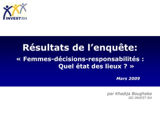 Résultats de l’enquête:
« Femmes-décisions-responsabilités :
          Quel état des lieux ? »
                             Mars 2009


                         par Khadija Boughaba
                                  DG INVEST RH
 