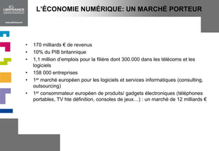 L’ÉCONOMIE NUMÉRIQUE: UN MARCHÉ PORTEUR170 milliards € de revenus10% du PIB britannique1,1 million d’emplois pour la filière dont 300.000 dans les télécoms et les logiciels158 000 entreprises1er marché européen pour les logiciels et services informatiques (consulting, outsourcing)1er consommateur européen de produits/ gadgets électroniques (téléphones portables, TV hte définition, consoles de jeux…) : un marché de 12 milliards €