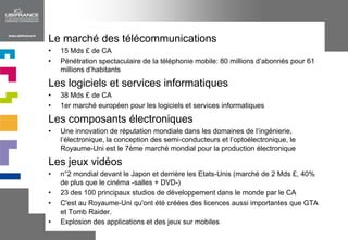 Le marché des télécommunications15 Mds £ de CAPénétration spectaculaire de la téléphonie mobile: 80 millions d’abonnés pour 61 millions d’habitantsLes logiciels et services informatiques38 Mds £ de CA 