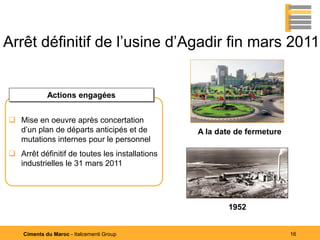 Arrêt définitif de l’usine d’Agadir fin mars 2011


             Actions engagées


 Mise en oeuvre après concertation
  d’un plan de départs anticipés et de          A la date de fermeture
  mutations internes pour le personnel
 Arrêt définitif de toutes les installations
  industrielles le 31 mars 2011




                                                        1952


    Ciments du Maroc - Italcementi Group                                 16
 