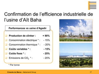 Confirmation de l’efficience industrielle de
l’usine d’Aït Baha
   Performances vs usine d’Agadir


 Production de clinker :               + 90%
 Consommation électrique * :           - 15%
 Consommation thermique * :            - 20%
 Coûts variables * :                   - 15%
 Coûts fixes * :                       - 25%
 Emissions de CO2 * :                  - 20%

  * Par tonne


 Ciments du Maroc - Italcementi Group           17
 