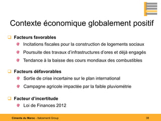 Contexte économique globalement positif
 Facteurs favorables
         Incitations fiscales pour la construction de logements sociaux
         Poursuite des travaux d’infrastructures d’ores et déjà engagés
         Tendance à la baisse des cours mondiaux des combustibles

 Facteurs défavorables
          Sortie de crise incertaine sur le plan international
          Campagne agricole impactée par la faible pluviométrie

 Facteur d’incertitude
          Loi de Finances 2012

 Ciments du Maroc - Italcementi Group                                     38
 