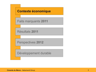 Contexte économique
             Contexte économique


             Faits marquants 2011


             Résultats 2011


             Perspectives 2012


             Développement durable




Ciments du Maroc - Italcementi Group   5
 