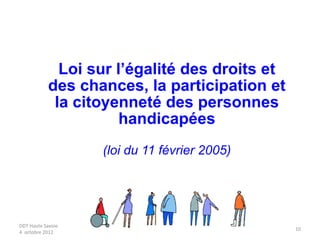 DDT Haute Savoie
4 octobre 2012
10
Loi sur l’égalité des droits et
des chances, la participation et
la citoyenneté des personnes
handicapées
(loi du 11 février 2005)
 
