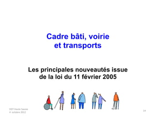 DDT Haute Savoie
4 octobre 2012
14
Cadre bâti, voirie
et transports
Les principales nouveautés issue
de la loi du 11 février 2005
 