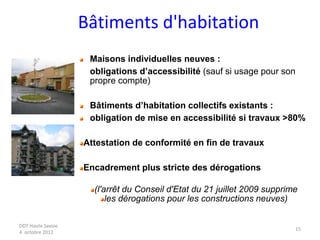 DDT Haute Savoie
4 octobre 2012
15
Bâtiments d'habitation
Maisons individuelles neuves :
obligations d’accessibilité (sauf si usage pour son
propre compte)
Bâtiments d’habitation collectifs existants :
obligation de mise en accessibilité si travaux >80%
Attestation de conformité en fin de travaux
Encadrement plus stricte des dérogations
(l'arrêt du Conseil d'Etat du 21 juillet 2009 supprime
les dérogations pour les constructions neuves)
 