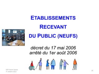 DDT Haute Savoie
4 octobre 2012
20
ETABLISSEMENTS
RECEVANT
DU PUBLIC (NEUFS)
décret du 17 mai 2006
arrêté du 1er août 2006
 