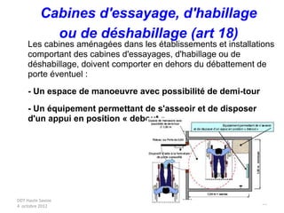 DDT Haute Savoie
4 octobre 2012
35
Les cabines aménagées dans les établissements et installations
comportant des cabines d'essayages, d'habillage ou de
déshabillage, doivent comporter en dehors du débattement de
porte éventuel :
- Un espace de manoeuvre avec possibilité de demi-tour
- Un équipement permettant de s'asseoir et de disposer
d'un appui en position « debout »
Cabines d'essayage, d'habillage
ou de déshabillage (art 18)
 