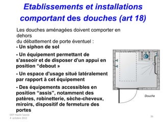 DDT Haute Savoie
4 octobre 2012
36
Douche
- Un siphon de sol
- Un équipement permettant de
s'asseoir et de disposer d'un appui en
position “debout »
- Un espace d'usage situé latéralement
par rapport à cet équipement
- Des équipements accessibles en
position “assis”, notamment des
patères, robinetterie, sèche-cheveux,
miroirs, dispositif de fermeture des
portes
Les douches aménagées doivent comporter en
dehors
du débattement de porte éventuel :
Etablissements et installations
comportant des douches (art 18)
 