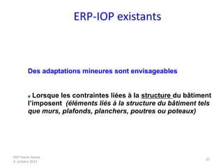 DDT Haute Savoie
4 octobre 2012
37
Des adaptations mineures sont envisageables
Lorsque les contraintes liées à la structure du bâtiment
l’imposent (éléments liés à la structure du bâtiment tels
que murs, plafonds, planchers, poutres ou poteaux)
ERP-IOP existants
 