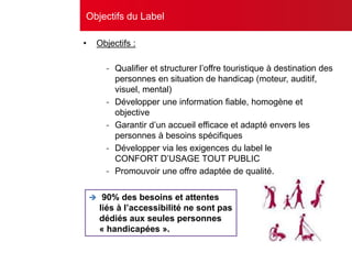 Objectifs du Label
• Objectifs :
- Qualifier et structurer l’offre touristique à destination des
personnes en situation de handicap (moteur, auditif,
visuel, mental)
- Développer une information fiable, homogène et
objective
- Garantir d’un accueil efficace et adapté envers les
personnes à besoins spécifiques
- Développer via les exigences du label le
CONFORT D’USAGE TOUT PUBLIC
- Promouvoir une offre adaptée de qualité.
 90% des besoins et attentes
liés à l’accessibilité ne sont pas
dédiés aux seules personnes
« handicapées ».
 