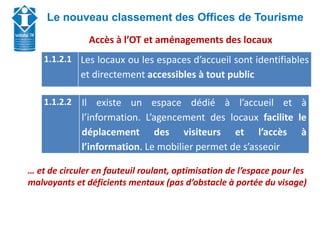 Union Départementale des Offices de Tourisme et
Syndicats d’Initiative de Haute-Savoie
Le nouveau classement des Offices de Tourisme
1.1.2.1 Les locaux ou les espaces d’accueil sont identifiables
et directement accessibles à tout public
Accès à l’OT et aménagements des locaux
1.1.2.2 Il existe un espace dédié à l’accueil et à
l’information. L’agencement des locaux facilite le
déplacement des visiteurs et l’accès à
l’information. Le mobilier permet de s’asseoir
… et de circuler en fauteuil roulant, optimisation de l’espace pour les
malvoyants et déficients mentaux (pas d’obstacle à portée du visage)
 