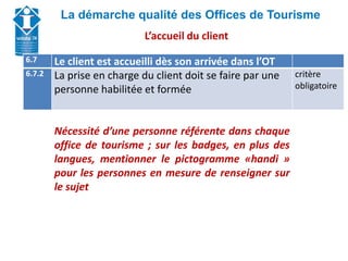 Union Départementale des Offices de Tourisme et
Syndicats d’Initiative de Haute-Savoie
La démarche qualité des Offices de Tourisme
6.7 Le client est accueilli dès son arrivée dans l’OT
6.7.2 La prise en charge du client doit se faire par une
personne habilitée et formée
critère
obligatoire
Nécessité d’une personne référente dans chaque
office de tourisme ; sur les badges, en plus des
langues, mentionner le pictogramme «handi »
pour les personnes en mesure de renseigner sur
le sujet
L’accueil du client
 