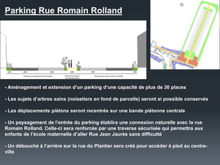 Parking Rue Romain Rolland
- Aménagement et extension d’un parking d’une capacité de plus de 30 places
- Les sujets d’arbres sains (noisetiers en fond de parcelle) seront si possible conservés
- Les déplacements piétons seront recentrés sur une bande piétonne centrale
- Un paysagement de l’entrée du parking établira une connexion naturelle avec la rue
Romain Rolland. Celle-ci sera renforcée par une traverse sécurisée qui permettra aux
enfants de l’école maternelle d’aller Rue Jean Jaurès sans difficulté
- Un débouché à l’arrière sur la rue du Plantier sera créé pour accéder à pied au centre-
ville
 