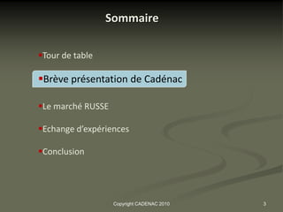 Sommaire

Tour de table

Brève présentation de Cadénac

Le marché RUSSE

Echange d’expériences

Conclusion




                   Copyright CADENAC 2010   3
 