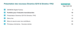 Présentation des nouveaux Sinamics S210 & Simotics 1FK2
SIEMENS Digital Factory1 2
Présentation Sinamics S210 & Simotics 1FK23 15
Démo live4 32
Mise en oeuvre avec nos contrôleurs5 49
Principaux domaines - Success stories6 58
Portfolio pour l'industrie manufacturière2 10
 