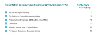 Présentation des nouveaux Sinamics S210 & Simotics 1FK2
SIEMENS Digital Factory1 2
Portfolio pour l'industrie manufacturière2 10
Démo live4 32
Mise en oeuvre avec nos contrôleurs5 49
Principaux domaines - Success stories6 58
Présentation Sinamics S210 & Simotics 1FK23 15
 