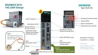 SINAMICS S210
1AC-230V Design
Alimentation 24V DC
Alimentation réseau,
Résistance de freinage
additionnelle (option)
Masse
Switch PROFINET 2 ports
2 Entrées de mesures,
Entrées de sécurité (STO)
Interface Ethernet
de mise en service
Capot Transparent
Intégrés:
• Résistance de freinage
• Filtre CEM C2 (déconnectable)
OCC:
One Cable Connection = un
seul câble pour le moteur, le
frein et le codeur!
OCC:
Alimentation moteur
OCC:
Commande de frein /
Interface codeur
Code de défaut
Bouton d’acquittement
Emplacement pour carte SD
Indicateurs de fonctionnement
Moteur Simotics S-1FK2
Alimentation / Puissance:
1AC 230V / 0.1 - 0.75kW
2ème phase:
3AC 230-400V / 0.4 - 7kW
(également 3AC 230V)
avec couplage du bus DC
Déconnexion du
filtre CEM
intégré
 