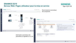 SINAMICS S210
Serveur Web- Pages utilisateur pour la mise en service
Reconnaissance automatique
des composants
Optimisation automatique des
paramètres du régulateur en un clic
 