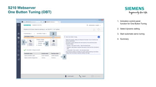 S210 Webserver
One Button Tuning (OBT)
1. Activation control panel
function for One Button Tuning
2. Select dynamic setting
3. Start automatic servo tuning
4. Summary
1 2
3
4
 