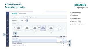 S210 Webserver
Parameter  Limits
1. Select Parameters
2. Select Limits
3. Parameter name
4. Limit value (setup)
5. Limit value (active = …….)
2
4
1
3
5
 