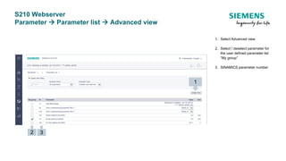 S210 Webserver
Parameter  Parameter list  Advanced view
1. Select Advanced view
2. Select / deselect parameter for
the user defined parameter list
“My group”
3. SINAMICS parameter number
1
2 3
 