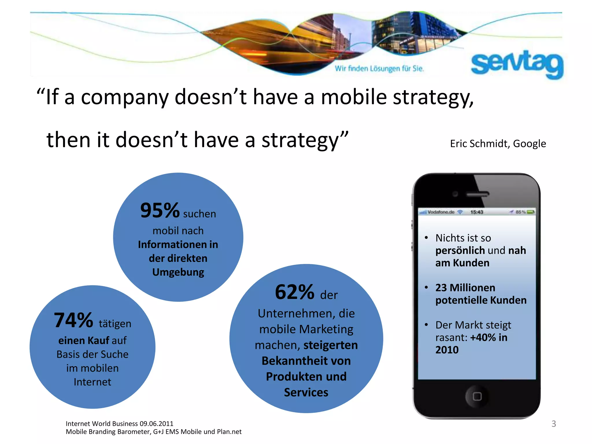 “If a company doesn’t have a mobile strategy,
 then it doesn’t have a strategy”                                                     Eric Schmidt, Google




                         95% suchen
                            mobil nach
                                                                                 • Nichts ist so
                         Informationen in
                                                                                   persönlich und nah
                           der direkten                                            am Kunden
                            Umgebung
                                                                                 • 23 Millionen
                                                               62% der             potentielle Kunden
                                                            Unternehmen, die
 74% tätigen                                                mobile Marketing     • Der Markt steigt
  einen Kauf auf                                                                   rasant: +40% in
                                                            machen, steigerten     2010
  Basis der Suche
                                                             Bekanntheit von
    im mobilen
      Internet                                                Produkten und
                                                                 Services

   Internet World Business 09.06.2011                                                                        3
   Mobile Branding Barometer, G+J EMS Mobile und Plan.net
 