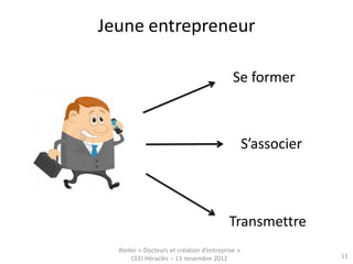 Jeune entrepreneur

                                            Se former



                                                  S’associer



                                          Transmettre
  Atelier « Docteurs et création d’entreprise »
       CEEI Héraclès – 13 novembre 2012                        11
 