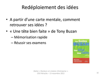 Redéploiement des idées

• A partir d’une carte mentale, comment
  retrouver ses idées ?
• « Une tête bien faite » de Tony Buzan
  – Mémorisation rapide
  – Réussir ses examens




               Atelier « Docteurs et création d’entreprise »
                    CEEI Héraclès – 13 novembre 2012           32
 