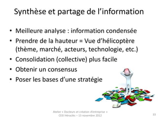 Synthèse et partage de l’information

• Meilleure analyse : information condensée
• Prendre de la hauteur = Vue d’hélicoptère
  (thème, marché, acteurs, technologie, etc.)
• Consolidation (collective) plus facile
• Obtenir un consensus
• Poser les bases d’une stratégie



               Atelier « Docteurs et création d’entreprise »
                    CEEI Héraclès – 13 novembre 2012           33
 