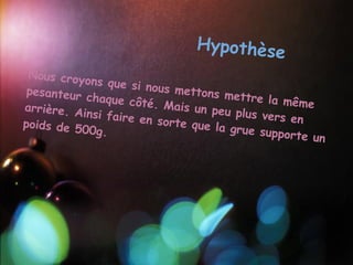 Hypothèse
  
 Nous croy
            ons que si
 pesanteur             nous metto
            chaque côt             ns mettre
                       é. Mais un             la même
arrière. A                          peu plus ve
           insi faire                           rs en
poids de 5            en sorte q
           00g.                  ue la grue
                                             supporte u
                                                       n
 