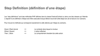 Background
C’est un scénario joué avant chaque autres scénarios de la fonctionnalité (feature) à
laquelle il appartient.
…………………………………………………………………………………………………………………...
Background:
Given There are Todolists:
| Todo | importance |
| null | 1 |
| null | 2 |
Exemple:
Ici, avant chaque Scénario appartenant au même
fichier *.feature que lui, il ajouteras ces deux
Todolists en base de données
 