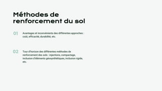 01
02
Méthodes de
renforcement du sol
Avantages et inconvénients des différentes approches :
coût, efficacité, durabilité, etc.
Tour d’horizon des différentes méthodes de
renforcement des sols : injections, compactage,
inclusion d’éléments géosynthétiques, inclusion rigide,
etc.
 