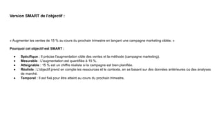 Version SMART de l'objectif :
« Augmenter les ventes de 15 % au cours du prochain trimestre en lançant une campagne marketing ciblée. »
Pourquoi cet objectif est SMART :
● Spécifique : Il précise l'augmentation cible des ventes et la méthode (campagne marketing).
● Mesurable : L'augmentation est quantifiée à 15 %.
● Atteignable : 15 % est un chiffre réaliste si la campagne est bien planifiée.
● Réaliste : L'objectif prend en compte les ressources et le contexte, en se basant sur des données antérieures ou des analyses
de marché.
● Temporel : Il est fixé pour être atteint au cours du prochain trimestre.
 