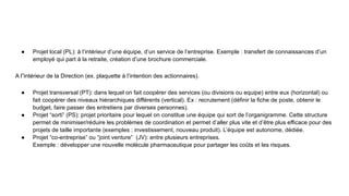 ● Projet local (PL): à l’intérieur d’une équipe, d’un service de l’entreprise. Exemple : transfert de connaissances d’un
employé qui part à la retraite, création d’une brochure commerciale.
A l”intérieur de la Direction (ex. plaquette à l’intention des actionnaires).
● Projet transversal (PT): dans lequel on fait coopérer des services (ou divisions ou equipe) entre eux (horizontal) ou
fait coopérer des niveaux hiérarchiques différents (vertical). Ex : recrutement (définir la fiche de poste, obtenir le
budget, faire passer des entretiens par diverses personnes).
● Projet “sorti” (PS): projet prioritaire pour lequel on constitue une équipe qui sort de l’organigramme. Cette structure
permet de minimiser/réduire les problèmes de coordination et permet d’aller plus vite et d’être plus efficace pour des
projets de taille importante (exemples : investissement, nouveau produit). L’équipe est autonome, dédiée.
● Projet “co-entreprise” ou “joint venture” (JV): entre plusieurs entreprises.
Exemple : développer une nouvelle molécule pharmaceutique pour partager les coûts et les risques.
 