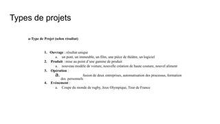 Types de projets
a-Type de Projet (selon résultat)
1. Ouvrage : résultat unique
a. un pont, un immeuble, un film, une pièce de théâtre, un logiciel
2. Produit : mise au point d’une gamme de produit
a. nouveau modèle de voiture, nouvelle création de haute couture, nouvel aliment
3. Opération :
a. fusion de deux entreprises, automatisation des processus, formation
des personnels
4. Evénement :
a. Coupe du monde de rugby, Jeux Olympique, Tour de France
 