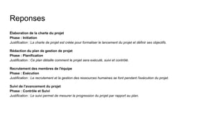 Reponses
Élaboration de la charte du projet
Phase : Initiation
Justification : La charte de projet est créée pour formaliser le lancement du projet et définir ses objectifs.
Rédaction du plan de gestion de projet
Phase : Planification
Justification : Ce plan détaille comment le projet sera exécuté, suivi et contrôlé.
Recrutement des membres de l'équipe
Phase : Exécution
Justification : Le recrutement et la gestion des ressources humaines se font pendant l'exécution du projet.
Suivi de l'avancement du projet
Phase : Contrôle et Suivi
Justification : Le suivi permet de mesurer la progression du projet par rapport au plan.
 