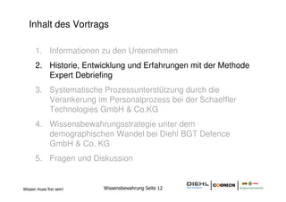 Inhalt des Vortrags

      1. Informationen zu den Unternehmen
      2. Historie, Entwicklung und Erfahrungen mit der Methode
         Expert Debriefing
      3. Systematische Prozessunterstützung durch die
         Verankerung im Personalprozess bei der Schaeffler
         Technologies GmbH & Co.KG
      4. Wissensbewahrungsstrategie unter dem
         demographischen Wandel bei Diehl BGT Defence
         GmbH & Co. KG
      5. Fragen und Diskussion


Wissen muss frei sein!   Wissensbewahrung Seite 12
 